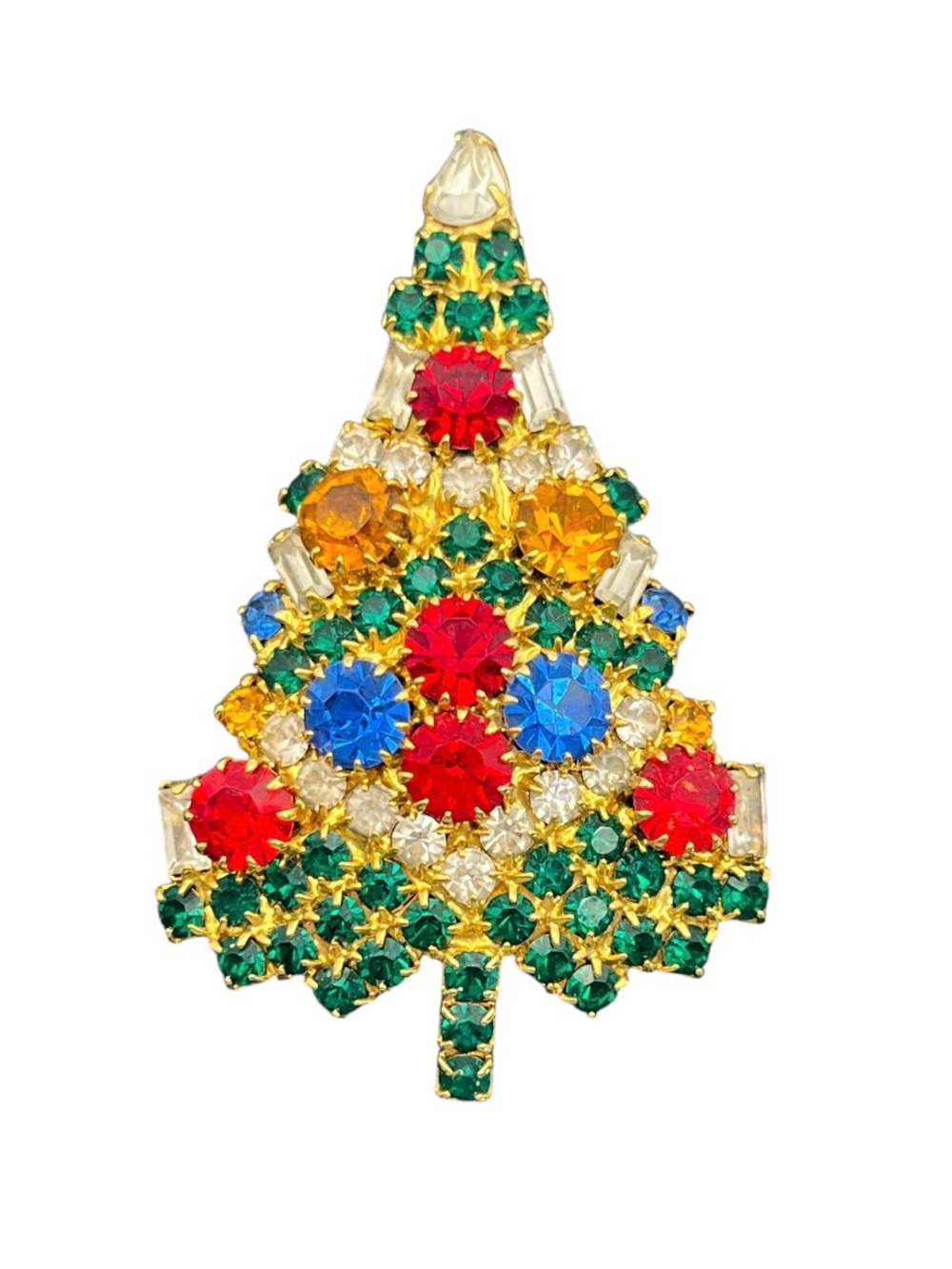 Eisenberg Ice Christmas tree holiday multi color rhinestone gold tone brooch pin